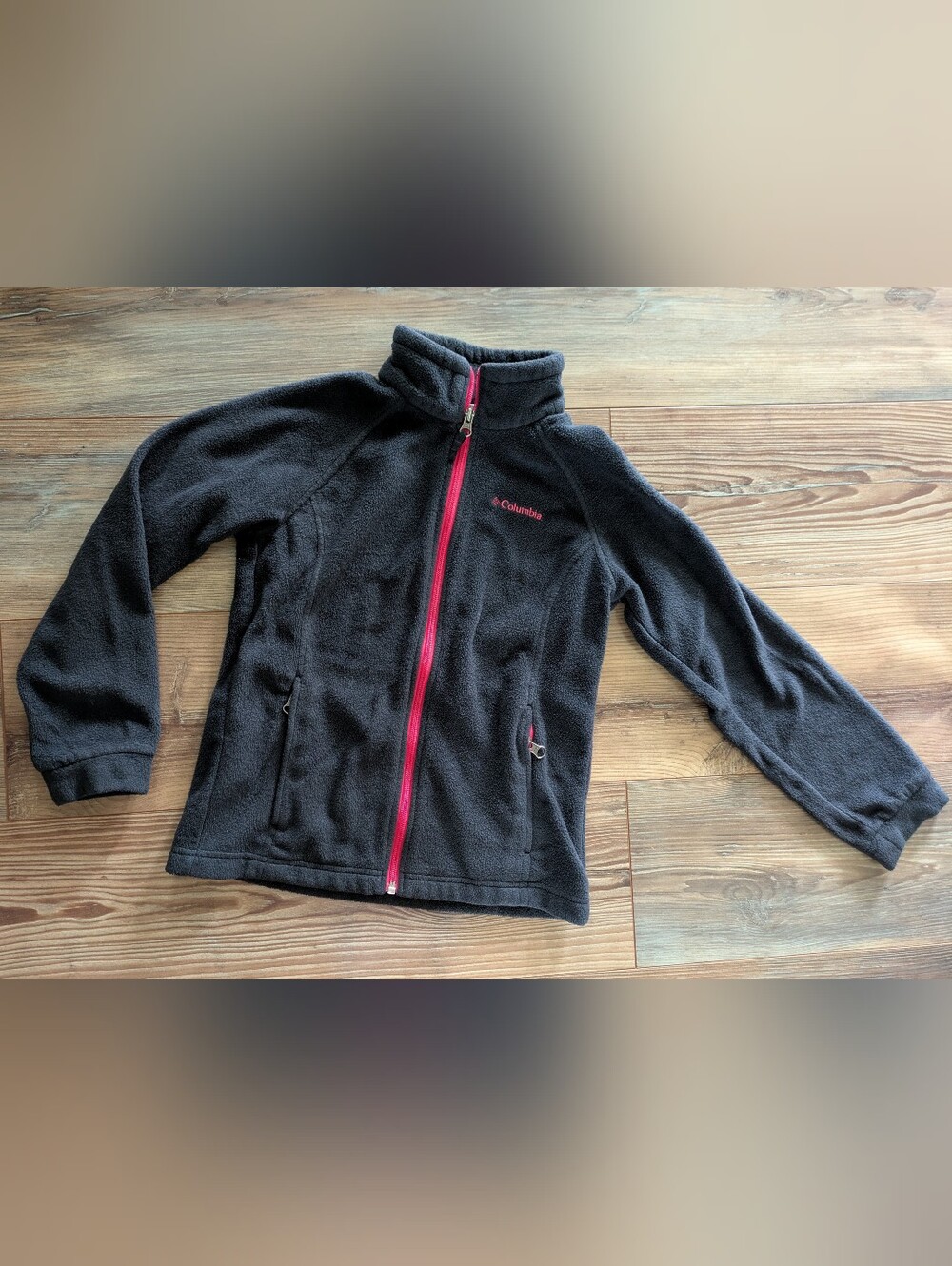 Columbia Black & Hot Pink Fleece Full Zip Collared Jacket Youth Medium 10/12